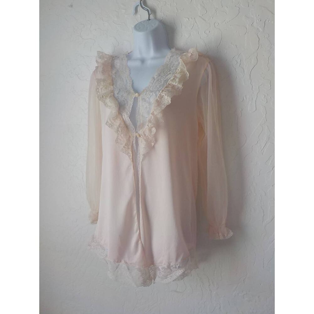 VTG UW Undercover Wear Pink Sheer Lace Kimono Robe Slip Size Medium USA Coquette